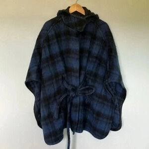 Coach New York blue black plaid wool alpaca cape belted belt hooded  hood jacket